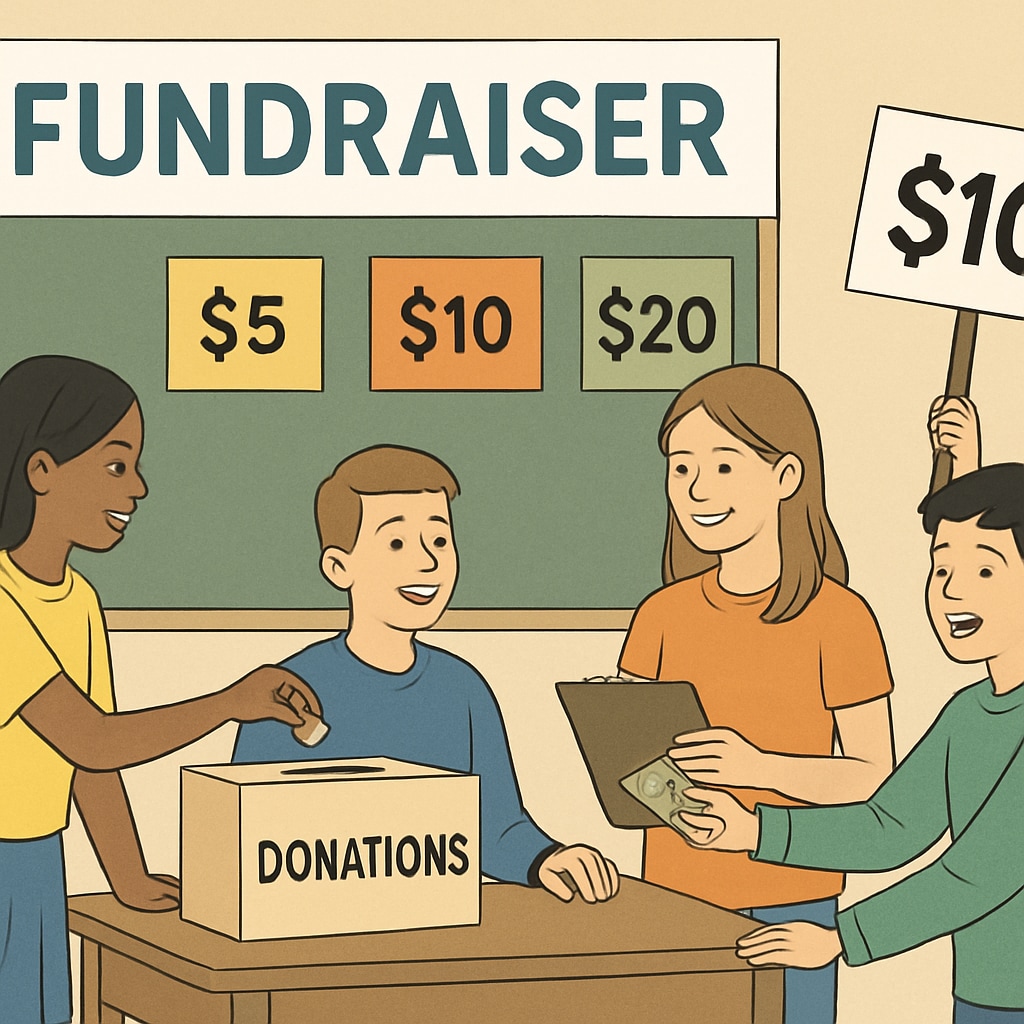 A group of students participating in a school fundraising event, with visible signs differentiating donation tiers. Students at a fundraising event with donation tier signs visible.