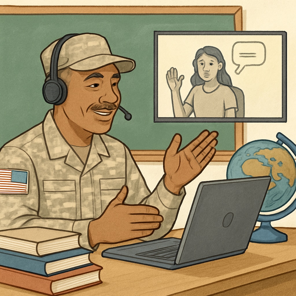 A veteran participating in an online classroom discussion, symbolizing flexible learning options. Veteran in an online classroom, representing flexible learning for military personnel.