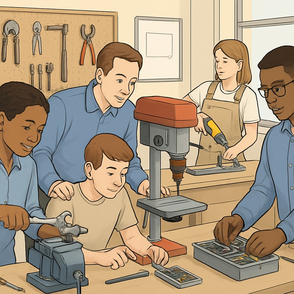Students in a vocational training classroom, demonstrating practical learning techniques.