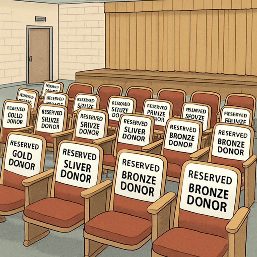 A school auditorium with reserved seating signs indicating donation tiers. Reserved seating signs in a school auditorium based on donation levels.