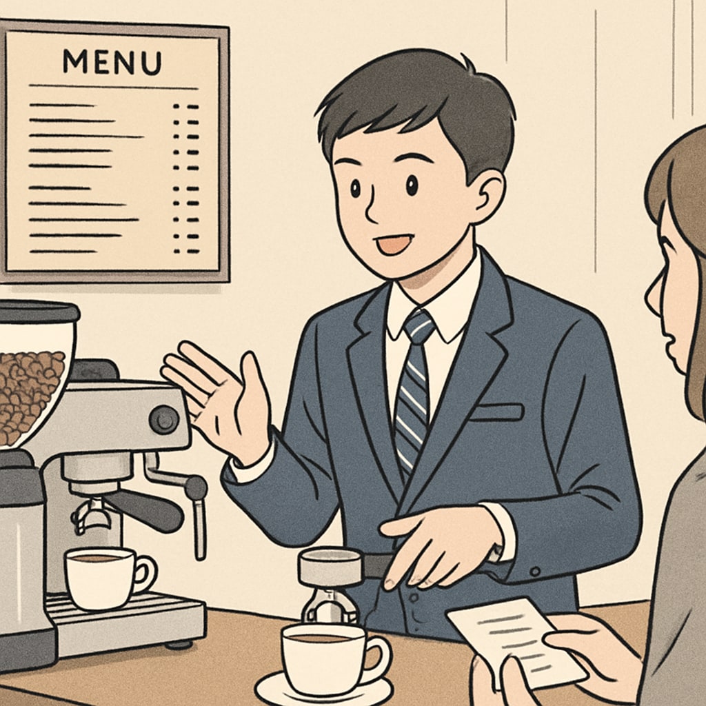 A high school student working at a café, demonstrating multitasking and communication skills. High school student part-time job at a café, multitasking and interacting with customers.