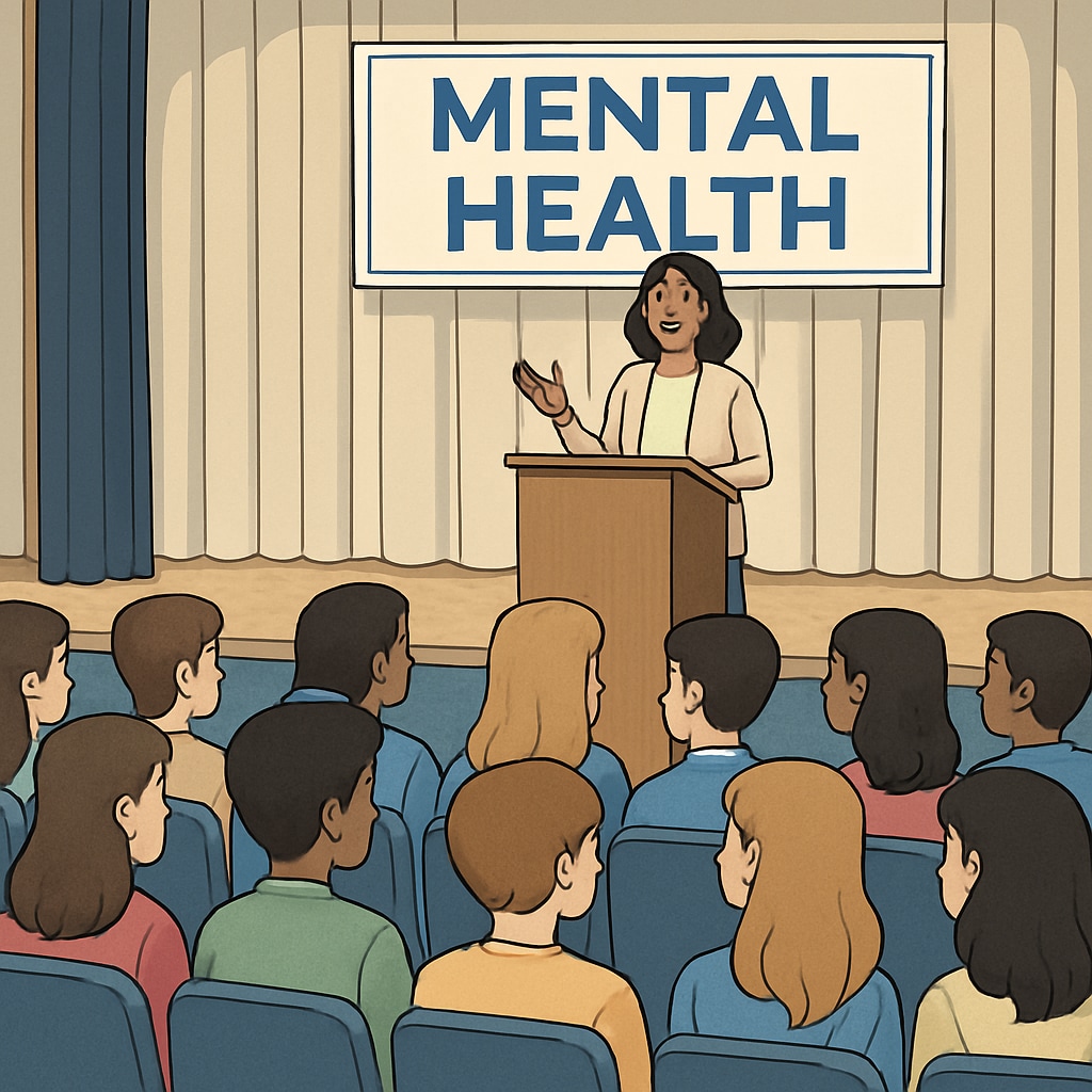 A group of high school students attentively listening to a speaker during a mental health assembly. High school students at a mental health assembly.