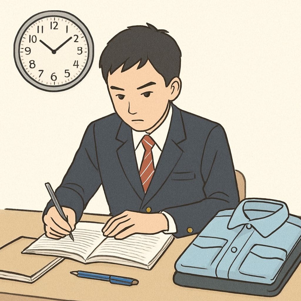 A high school student studying at a desk, with a clock and work uniform on the table. High school student balancing studies and part-time job, with a uniform and clock as symbols.