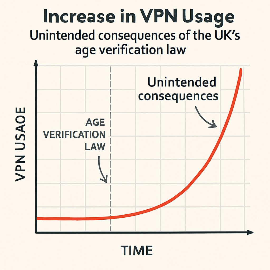 A graph showing the increase in VPN usage following the UK’s age verification law, highlighting its unintended consequences. Graph illustrating VPN usage increase due to the UK age verification law.