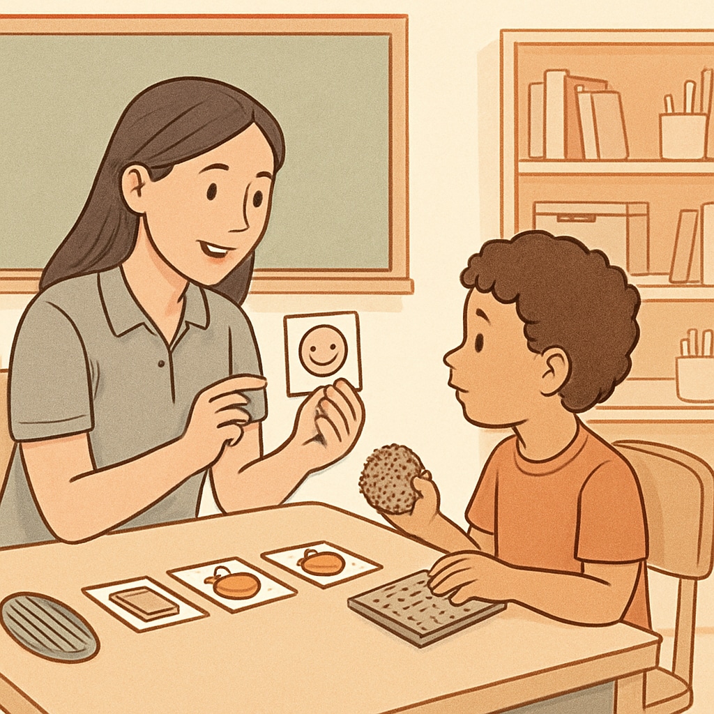 A classroom setting with a teacher assistant engaging with a child on the autism spectrum, using visual aids and sensory tools. Teacher assistant engaging with a child on the autism spectrum using visual aids in a classroom.