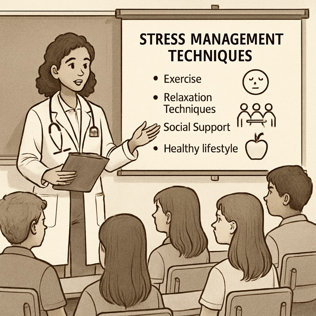 A medical student presenting a slide on stress management techniques to high school students. Medical student teaching stress management at a high school mental health assembly.