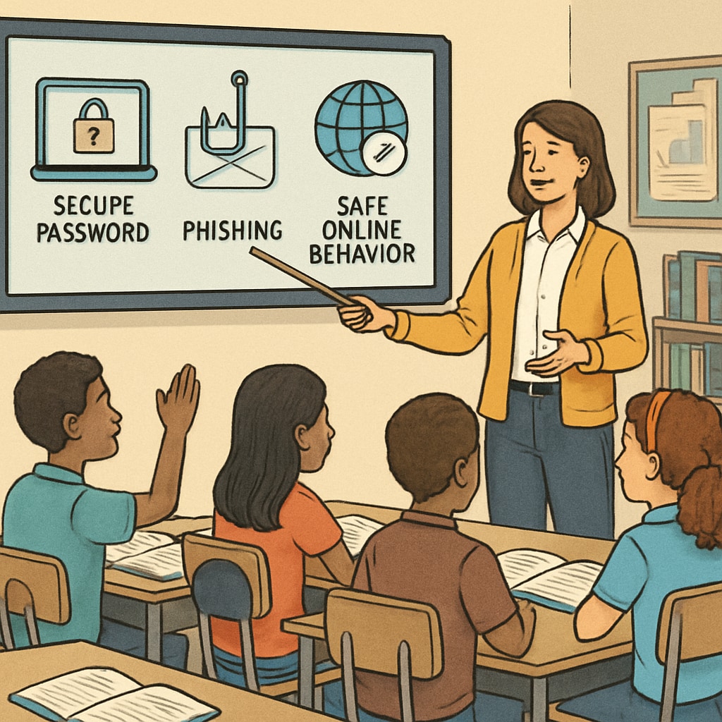 A classroom where students are participating in a digital literacy session led by a teacher, emphasizing online safety. Teacher conducting a digital literacy workshop for K12 students.