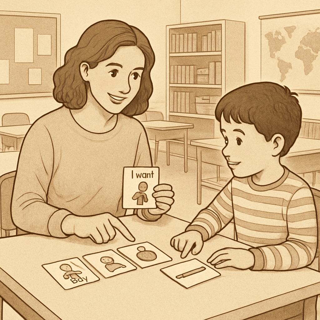 A teacher assistant using PECS cards to communicate with a child on the autism spectrum in a classroom setting. Teacher assistant using PECS cards to communicate with a child on the autism spectrum.