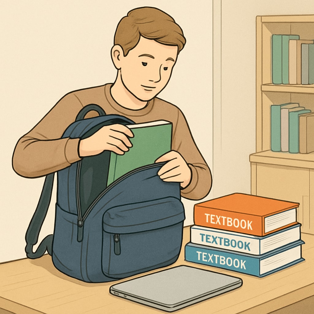 A student organizing textbooks and a laptop into a spacious, durable backpack. College student organizing books and laptop in bag focusing on space and utility.