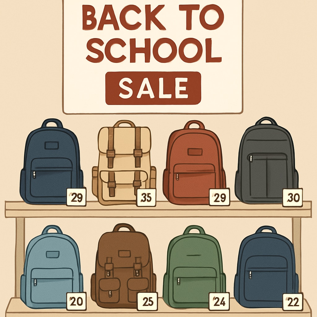 A display of affordable college bags on sale during a back-to-school event. Affordable college bags on sale at a back-to-school shopping event.