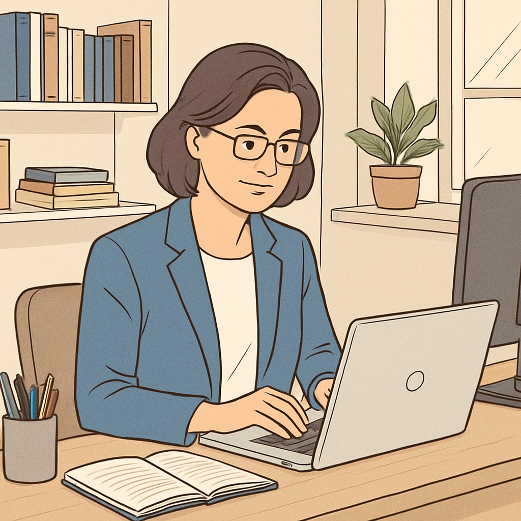 A professional educator working on a laptop in a modern home office setup, representing remote work in higher education. Remote work in higher education represented by an educator working on a laptop.