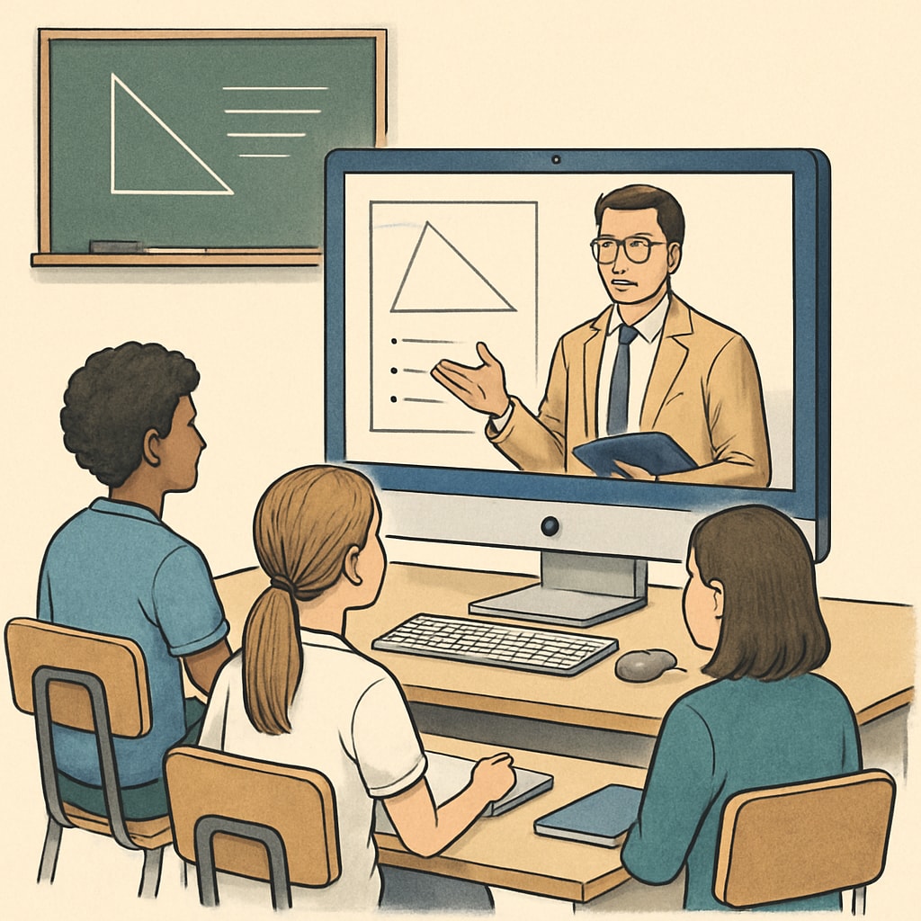 A virtual classroom setting with a teacher instructing students via an online platform, symbolizing the future of remote education in K12. Future of remote education in K12 represented by a virtual classroom environment.