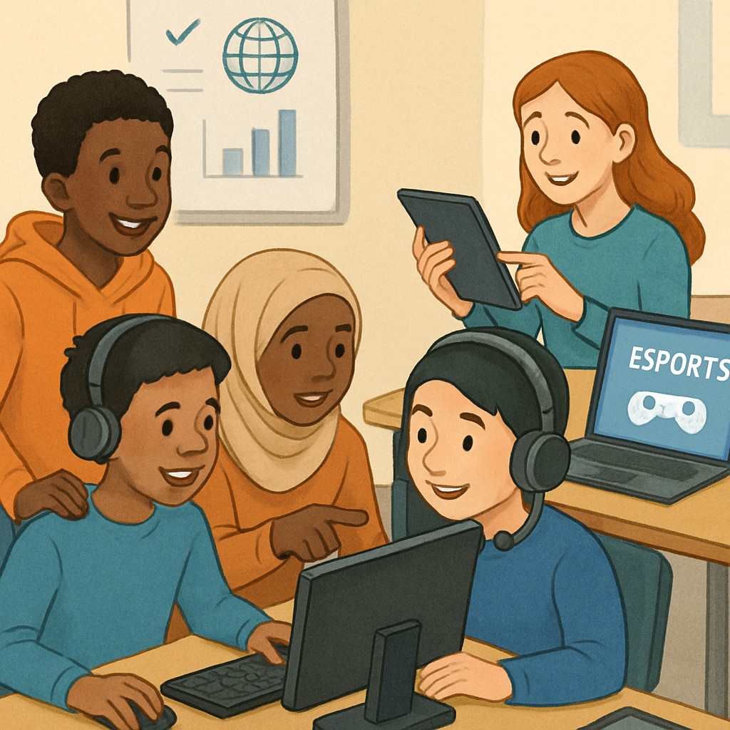 Diverse students working together on an esports-related project, emphasizing global inclusivity in education.