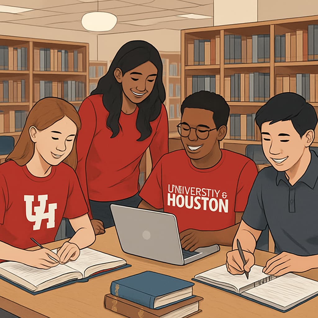 University of Houston students studying in a library