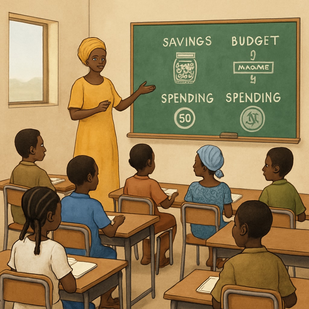 A classroom in Mali with students learning basic financial concepts, highlighting the need for early financial education. Financial education classroom in Mali