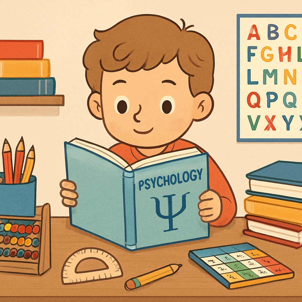 Child studying psychology and philosophy resources in a colorful learning environment.