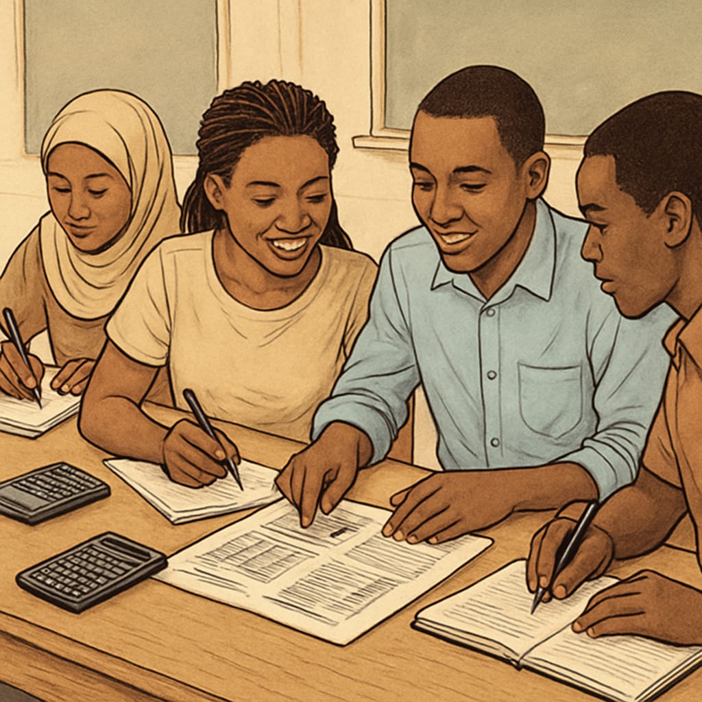 University students in Mali working on financial case studies, emphasizing the importance of practical financial learning. Financial case studies group in Mali