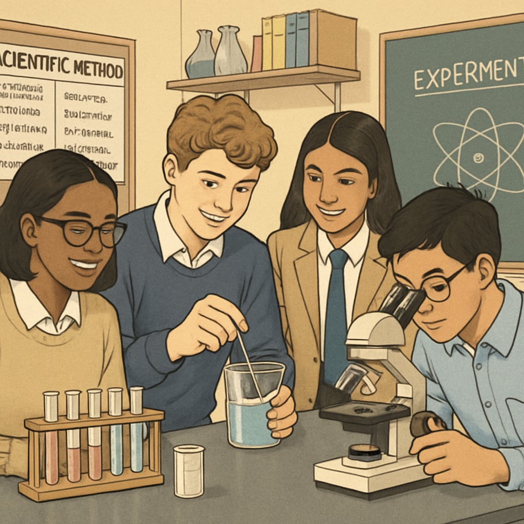 ELL students collaborating on a science experiment in high school.