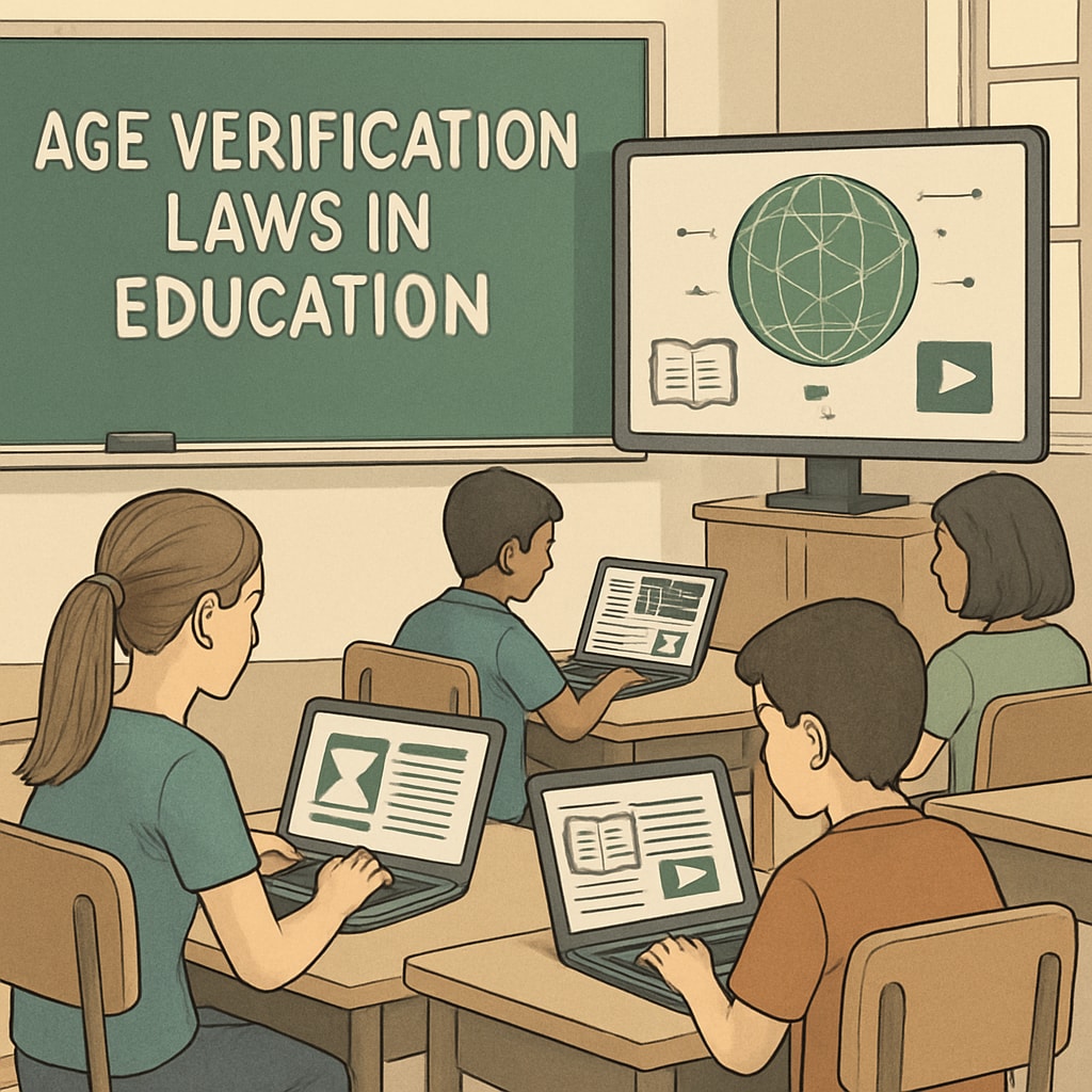 Students in a classroom using laptops, highlighting the impact of age verification on K12 education.