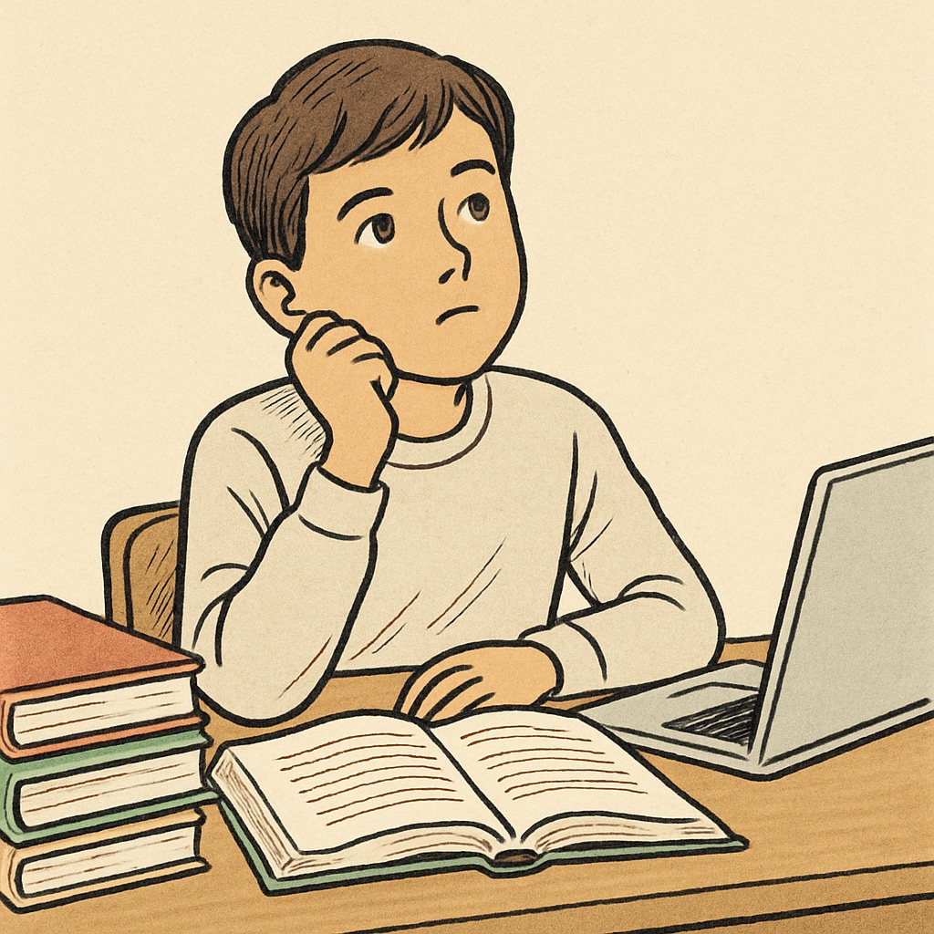 A young student sitting at a desk with books and a laptop, contemplating their return to education. A student considering pathways to resume their studies in the UK education system.