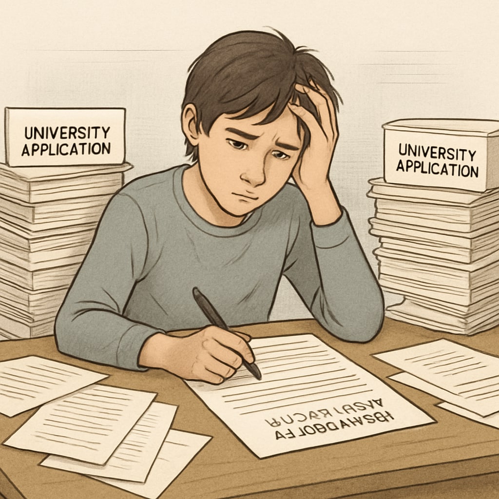 A stressed high school student surrounded by university application forms, representing the challenging process. A stressed student facing university application challenges.