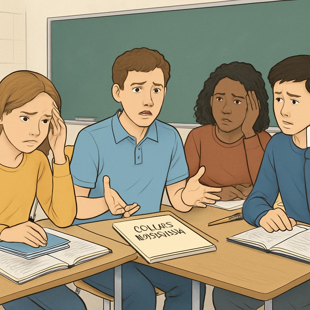 A group of students debating college applications in a classroom, highlighting the confusion and stress involved. Students discussing the complexity of university applications.