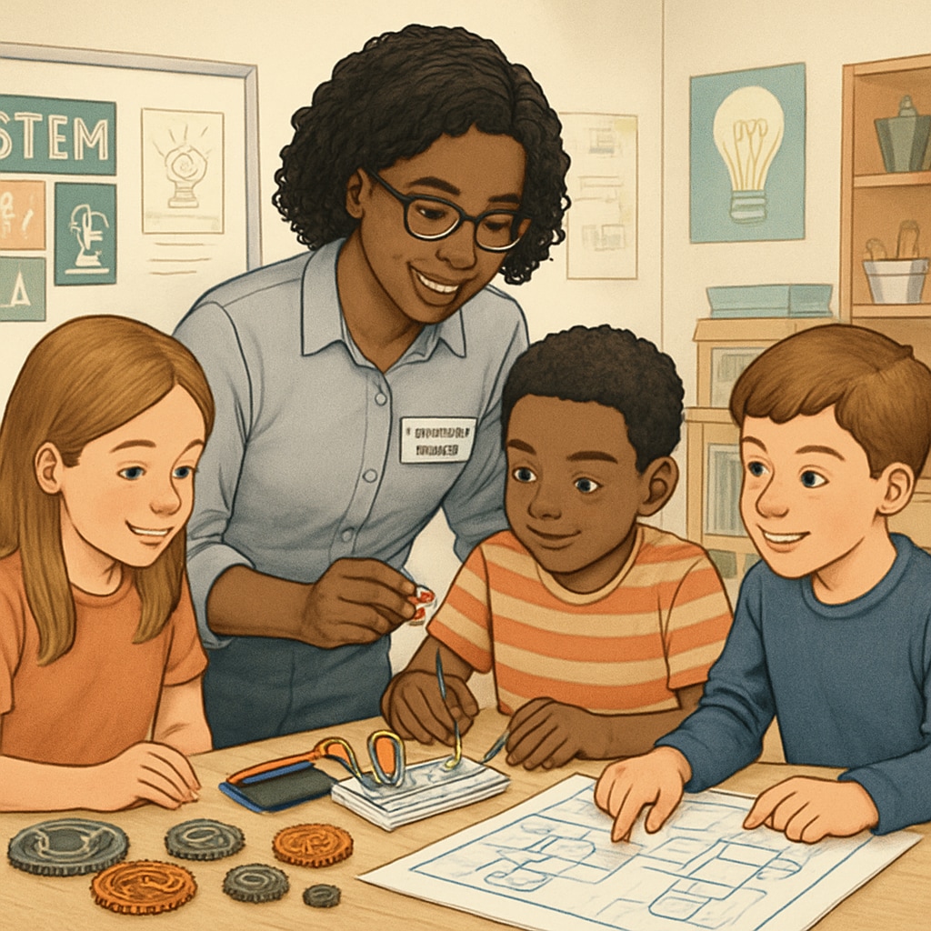 An engineering student collaborating with young learners on a STEM project in a classroom. STEM education in action with an education and engineering dual-degree student.