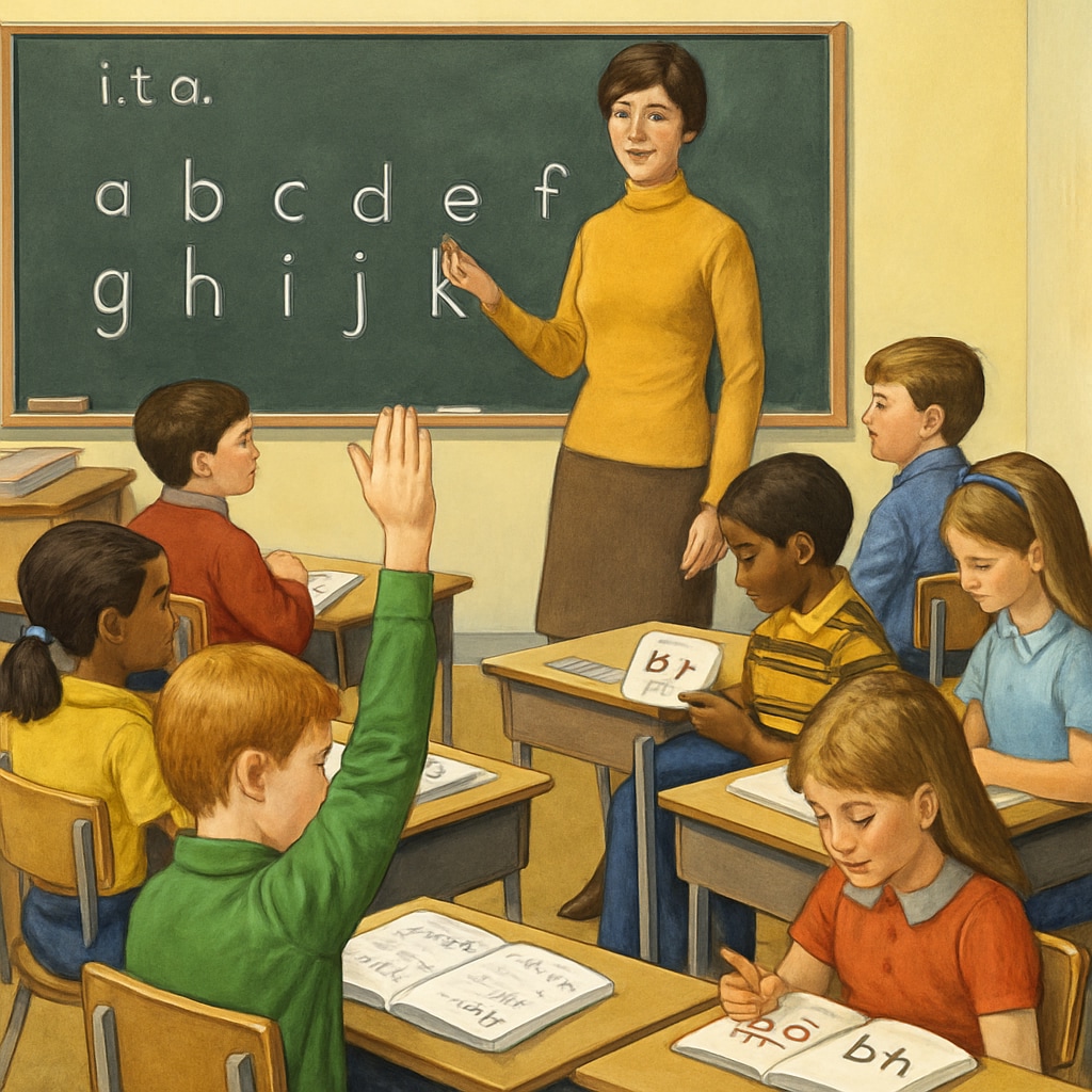 A vintage classroom scene from the 1970s showing children learning with the Initial Teaching Alphabet. Children in a 1970s classroom using materials based on the Initial Teaching Alphabet.