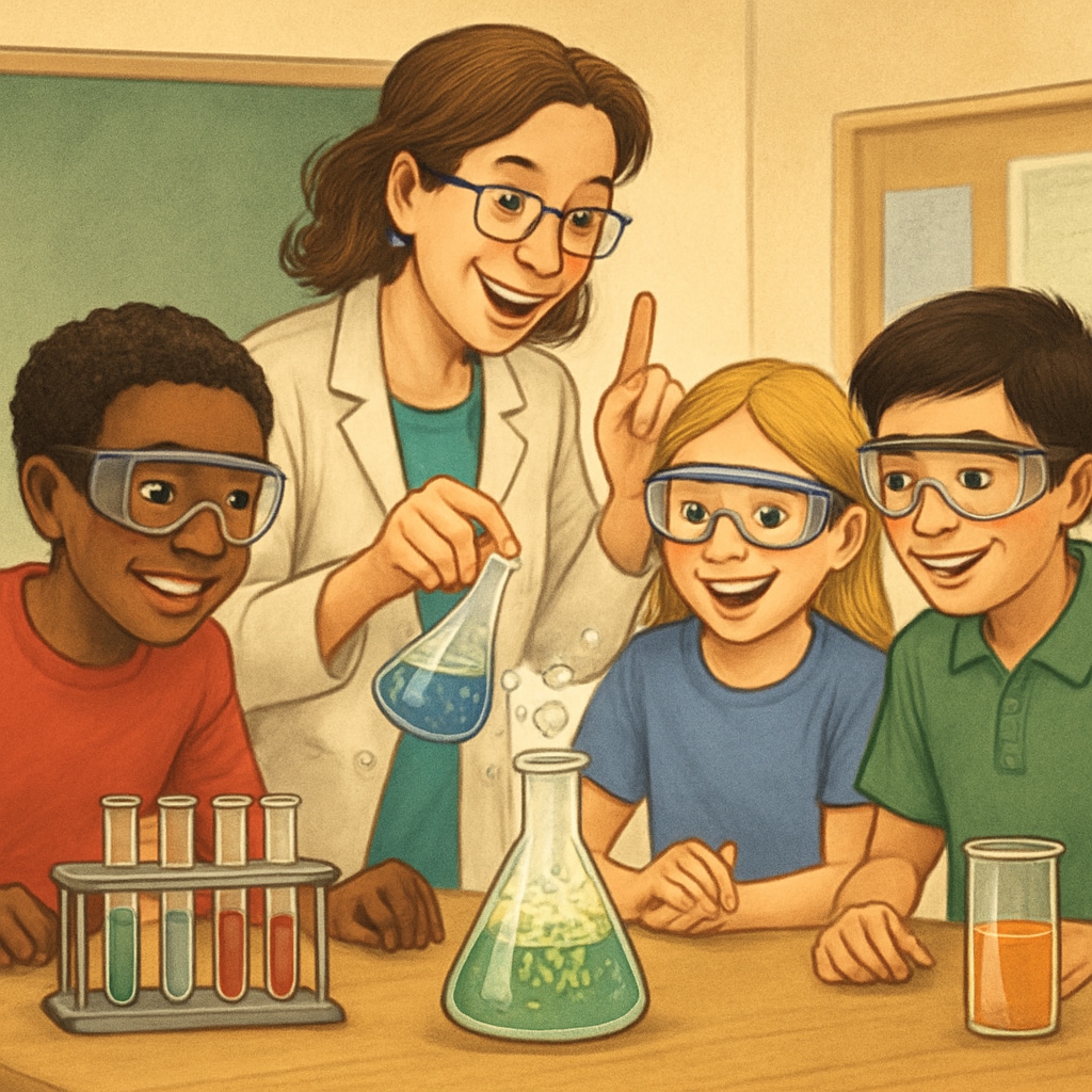 A teacher engaging middle school students in a fun and interactive science experiment. Middle school students participating in a science activity, highlighting academic engagement.