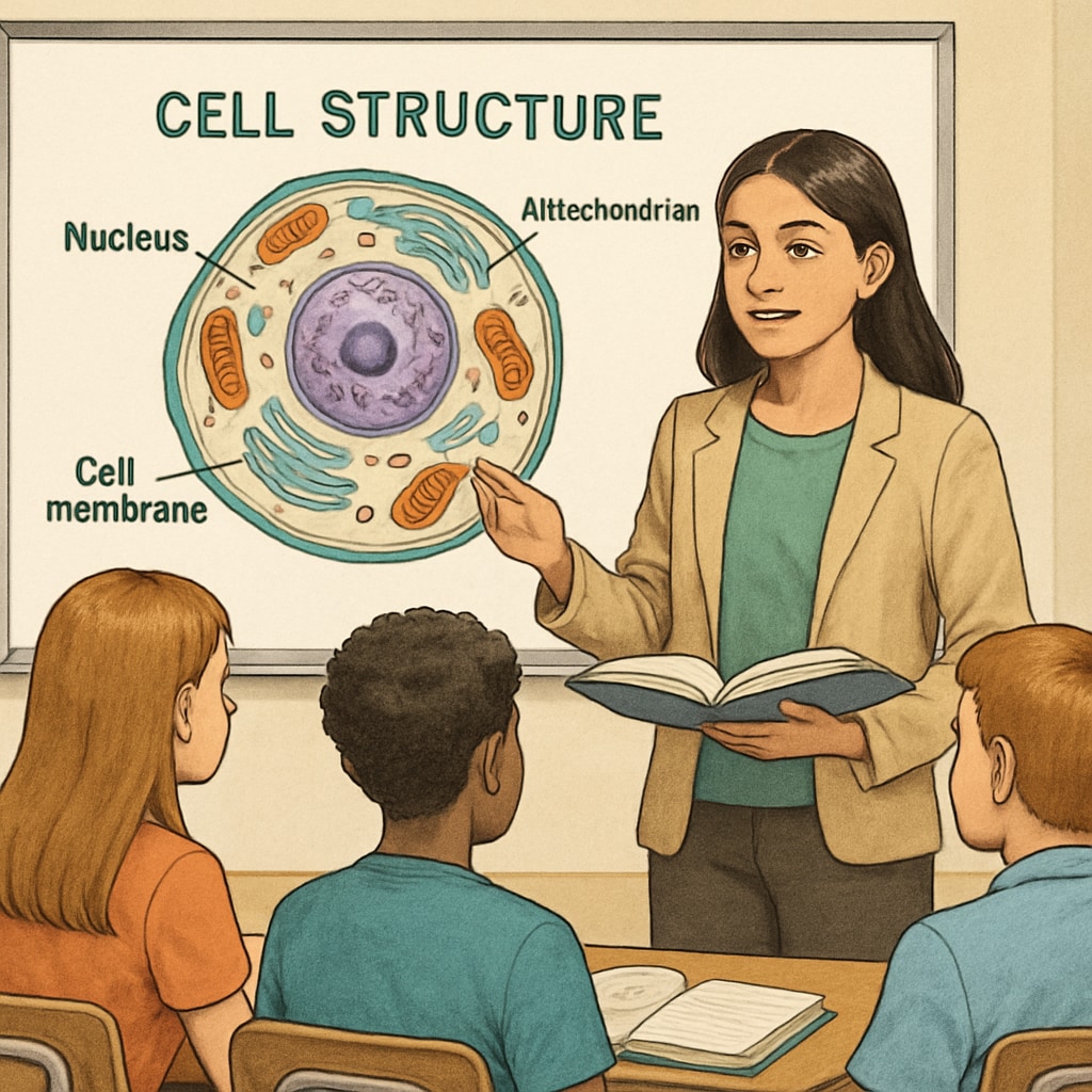 Biology graduate teaching cellular structures to high school students, blending scientific knowledge with educational techniques.
