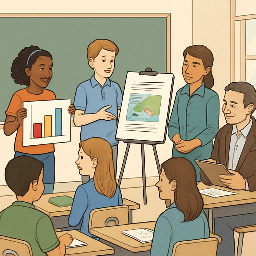 A photo of students presenting projects to their peers and teachers, highlighting diverse assessment methods. Students presenting projects in a classroom, showcasing diverse evaluations.