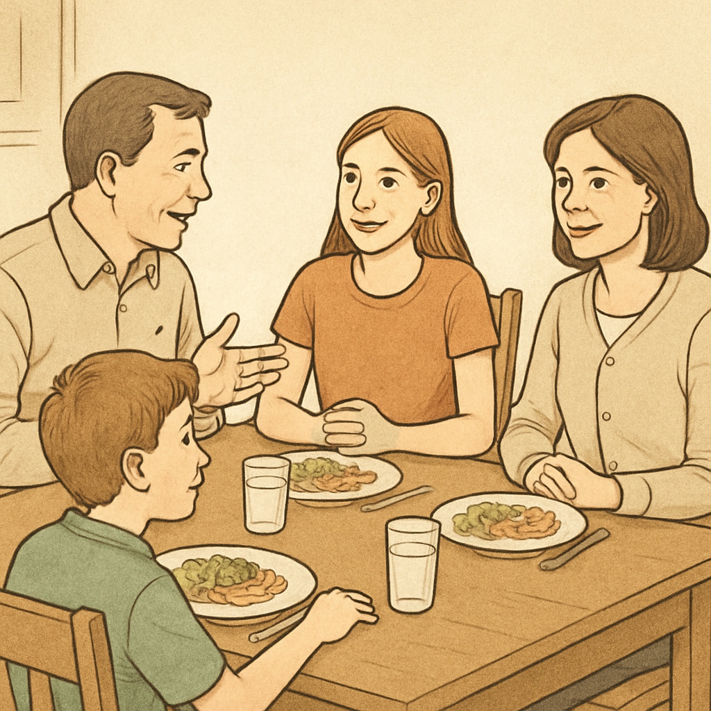 A family having a meaningful conversation around the dinner table, discussing school and personal experiences. Family members bonding over dinner, emphasizing the importance of family support in youth development.
