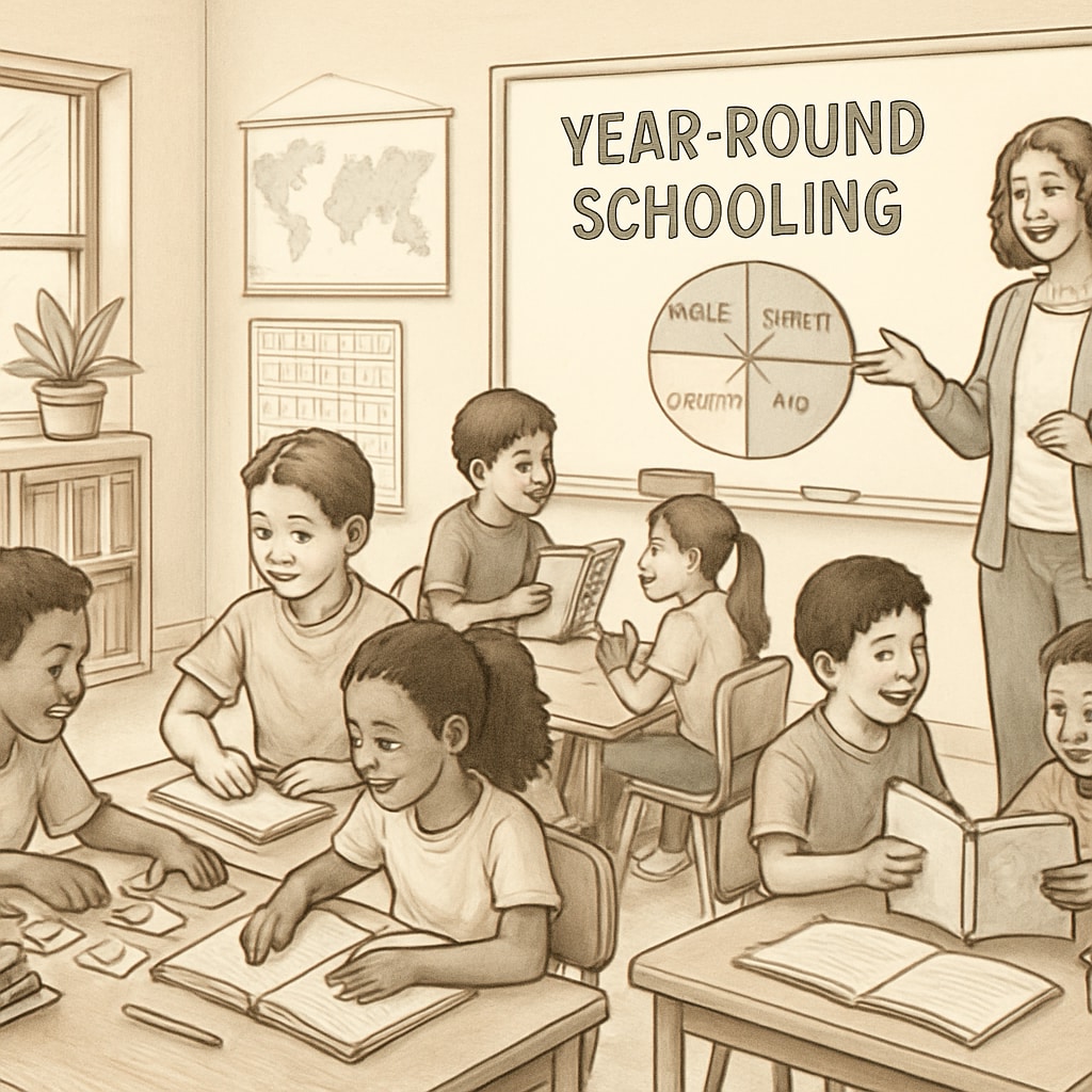 A classroom with students engaging in a year-round schooling program, emphasizing interactive learning. A classroom scene demonstrating year-round schooling benefits for K12 students.