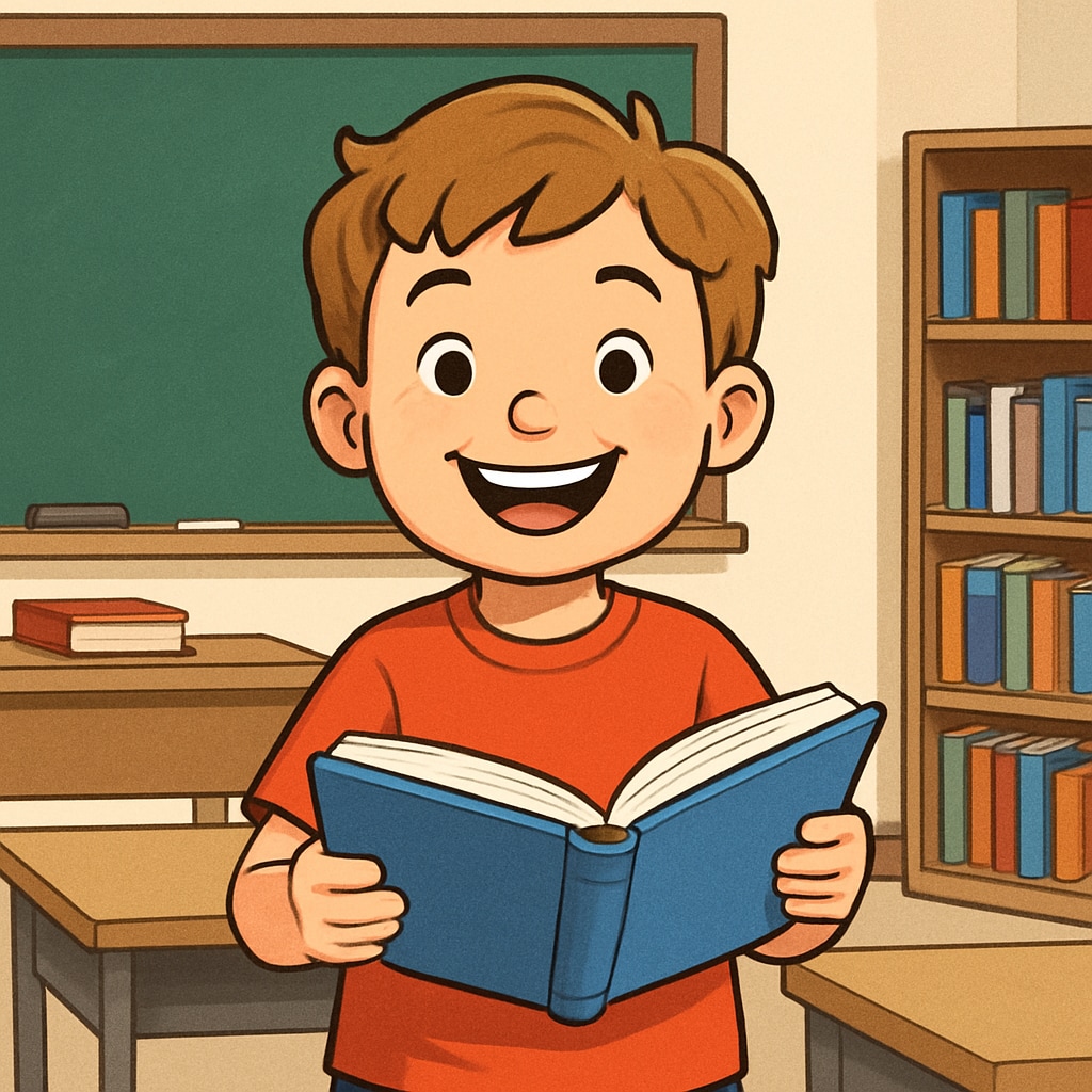 A child holding a book and smiling in a classroom setting, symbolizing joy in reading. A child enjoying a book in a classroom, showcasing reading excitement.