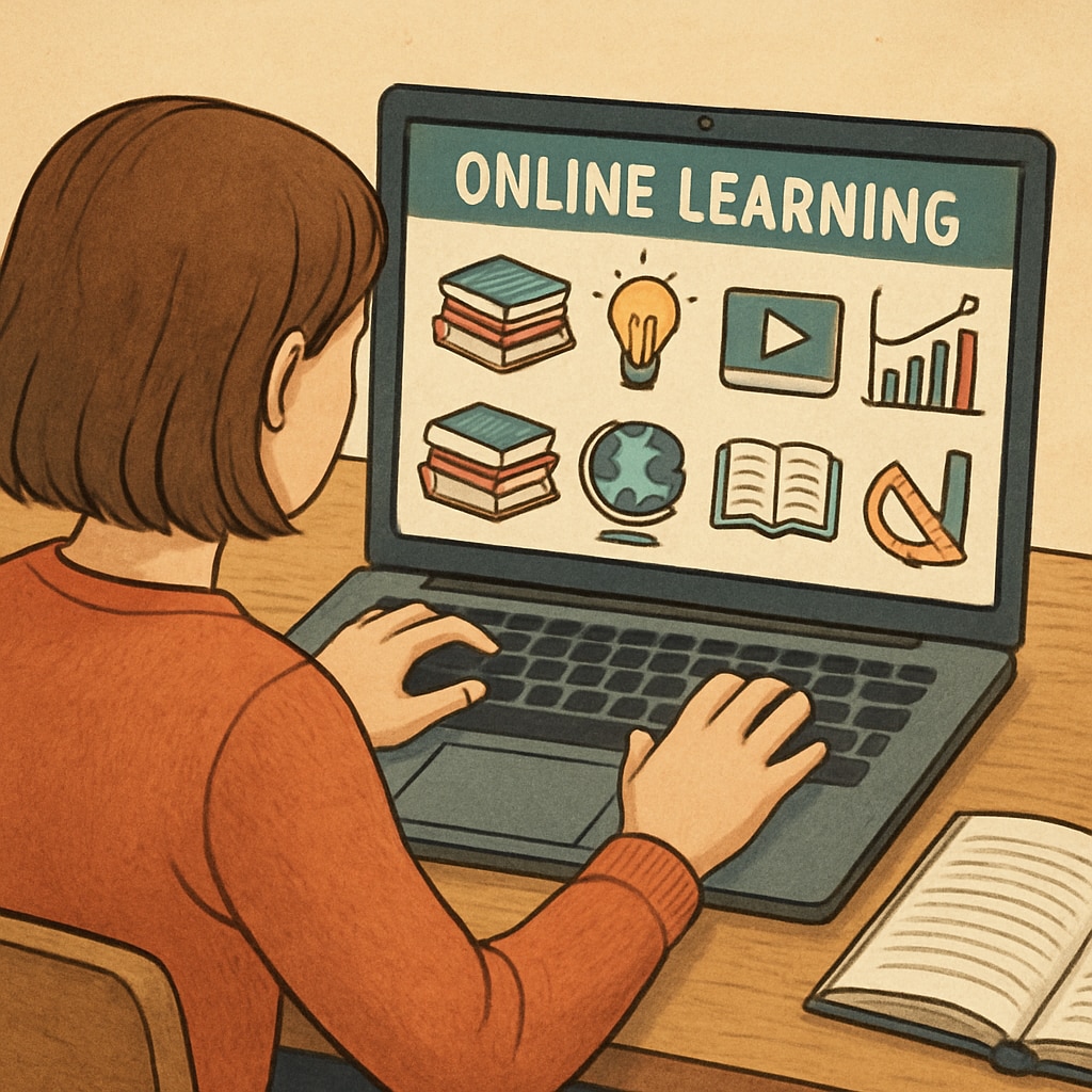 A student browsing an online learning platform on their laptop, with educational icons on the screen. Online learning platform for extracurricular education resources