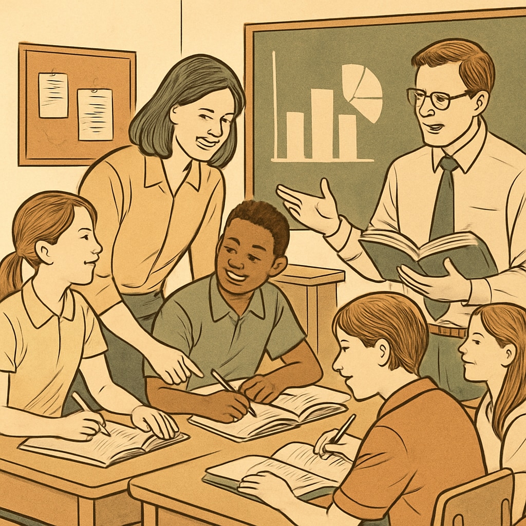 Students and teachers collaborating during a year-round schooling session, demonstrating the advantages of consistent engagement. Collaboration between students and teachers in a year-round schooling environment.