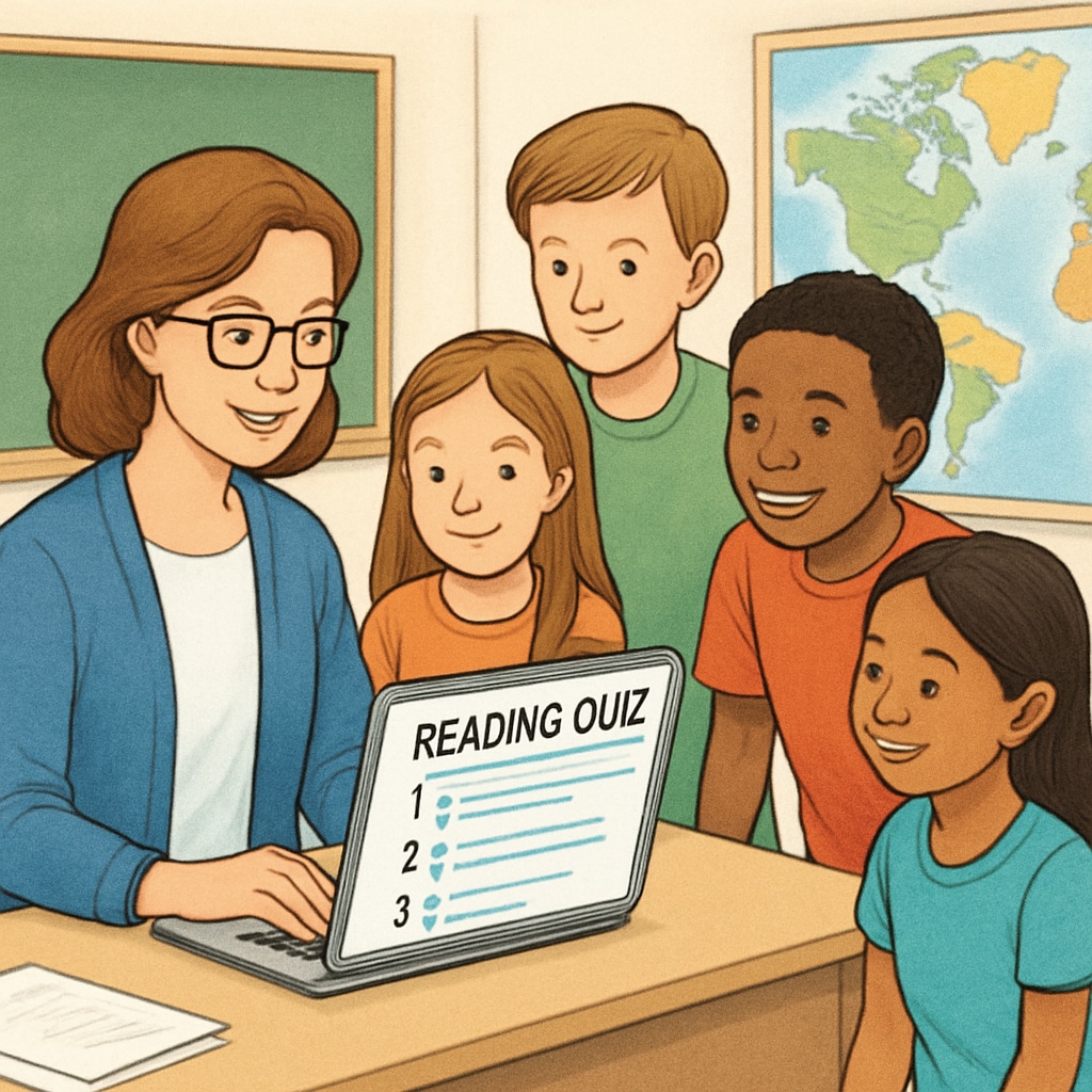 A teacher using a laptop to display a reading quiz to a group of engaged students. A teacher engaging students with an interactive reading quiz on a laptop.