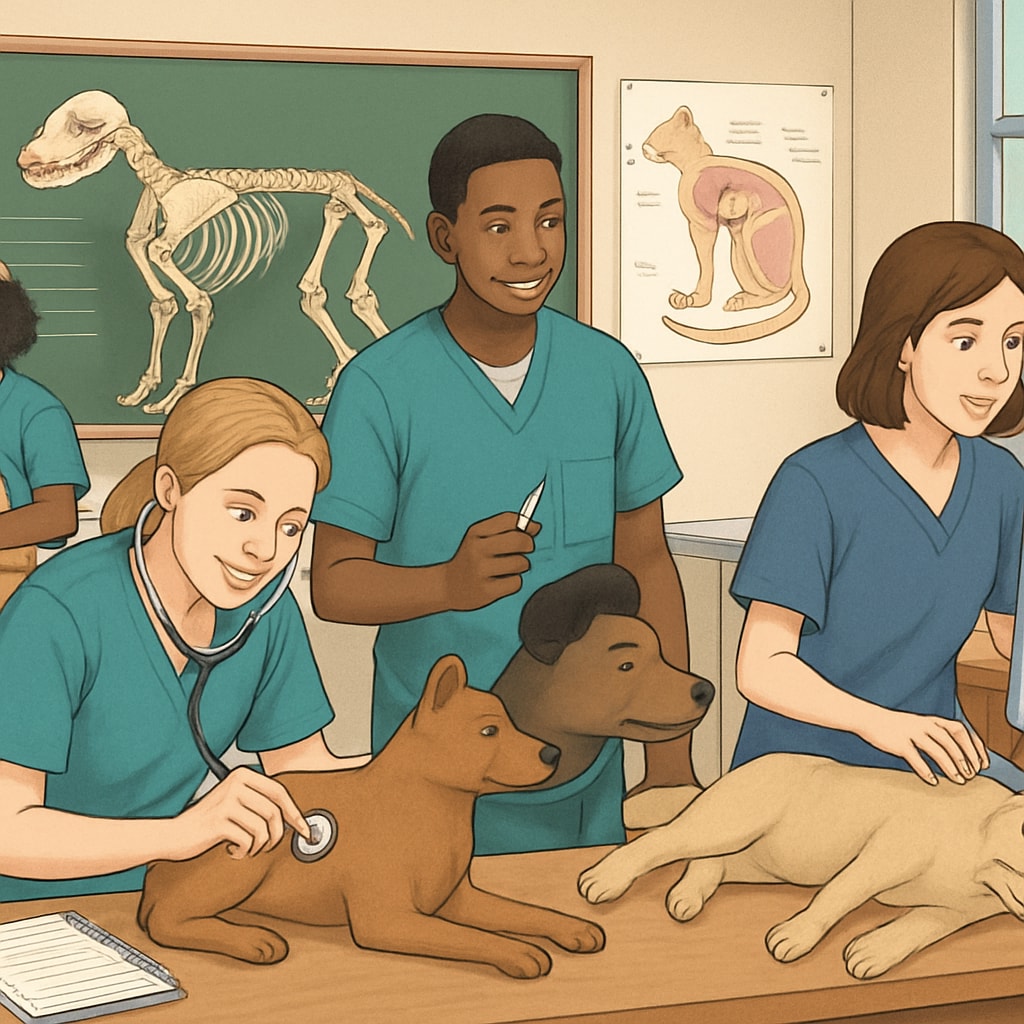 A classroom setting with students learning veterinary skills through a hands-on vocational program. Classroom scene showing students acquiring veterinary skills through practical training.