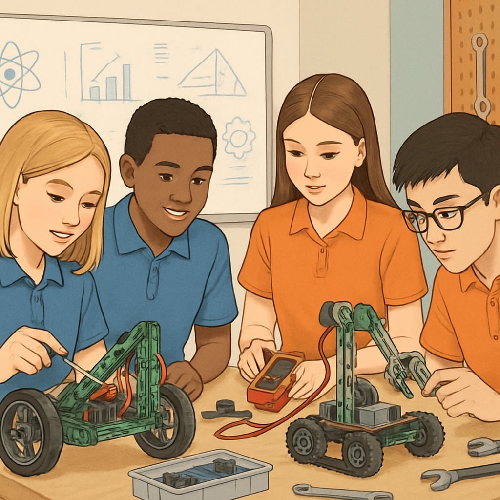 A group of high school students participating in a STEM workshop, exploring robotics and engineering. High school students in a STEM workshop
