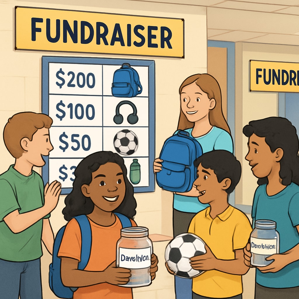 A group of students participating in a school fundraiser, showcasing various tiers of rewards based on donations. Students displaying different fundraiser rewards, illustrating economic inequality in school fundraising.