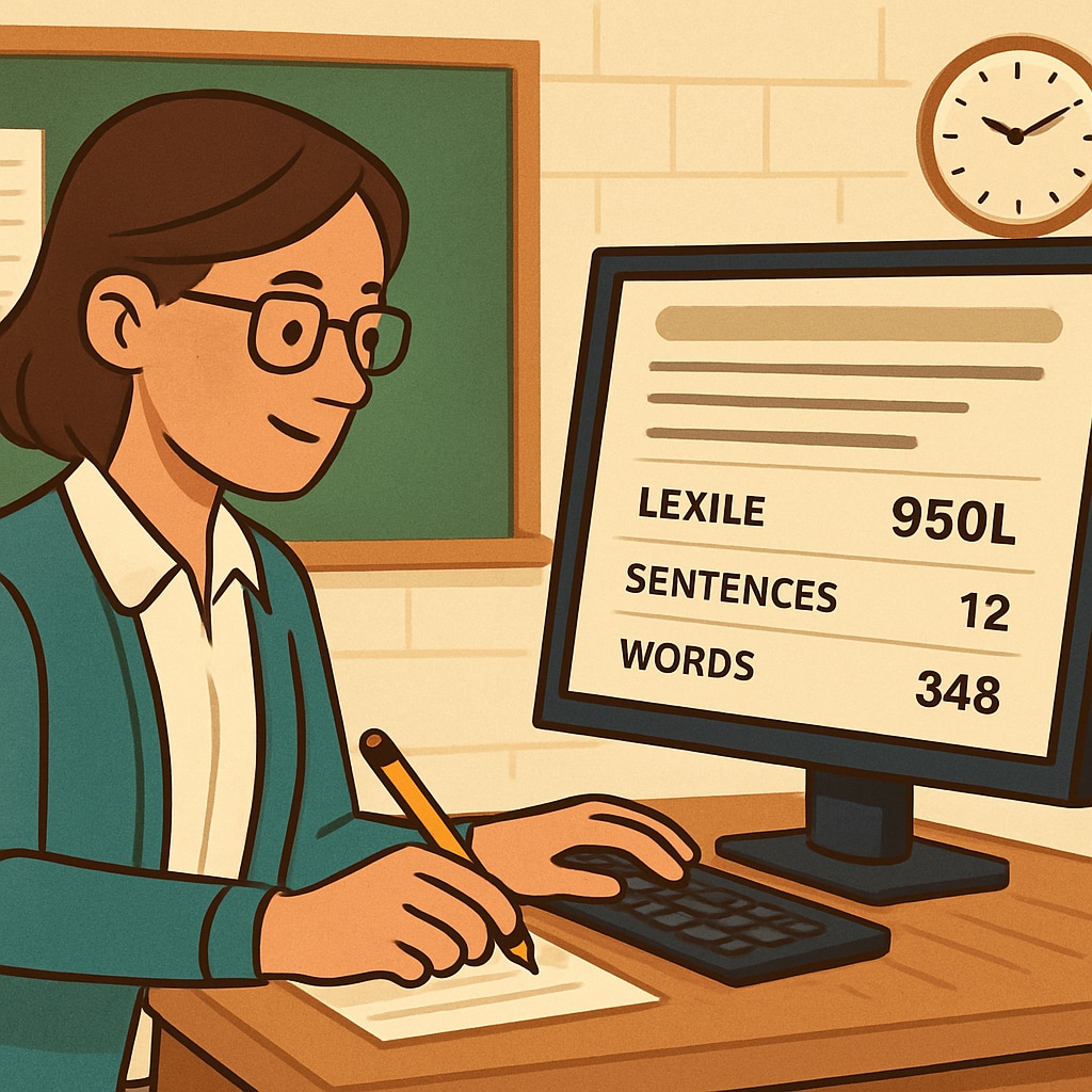A teacher analyzing reading material with complexity metrics displayed on a computer screen. Teacher evaluating reading material for text complexity using metrics, enhancing K12 education.