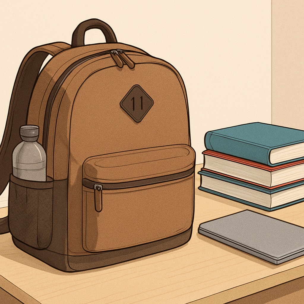 A stylish and spacious college backpack placed on a desk with textbooks and a laptop, ideal for students. Affordable and practical college backpack with ample storage space.
