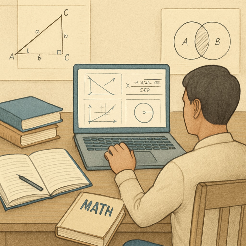 An adult using an online learning platform to study math concepts on their laptop. Adult studying math concepts on a laptop, representing learning resources for math and science.