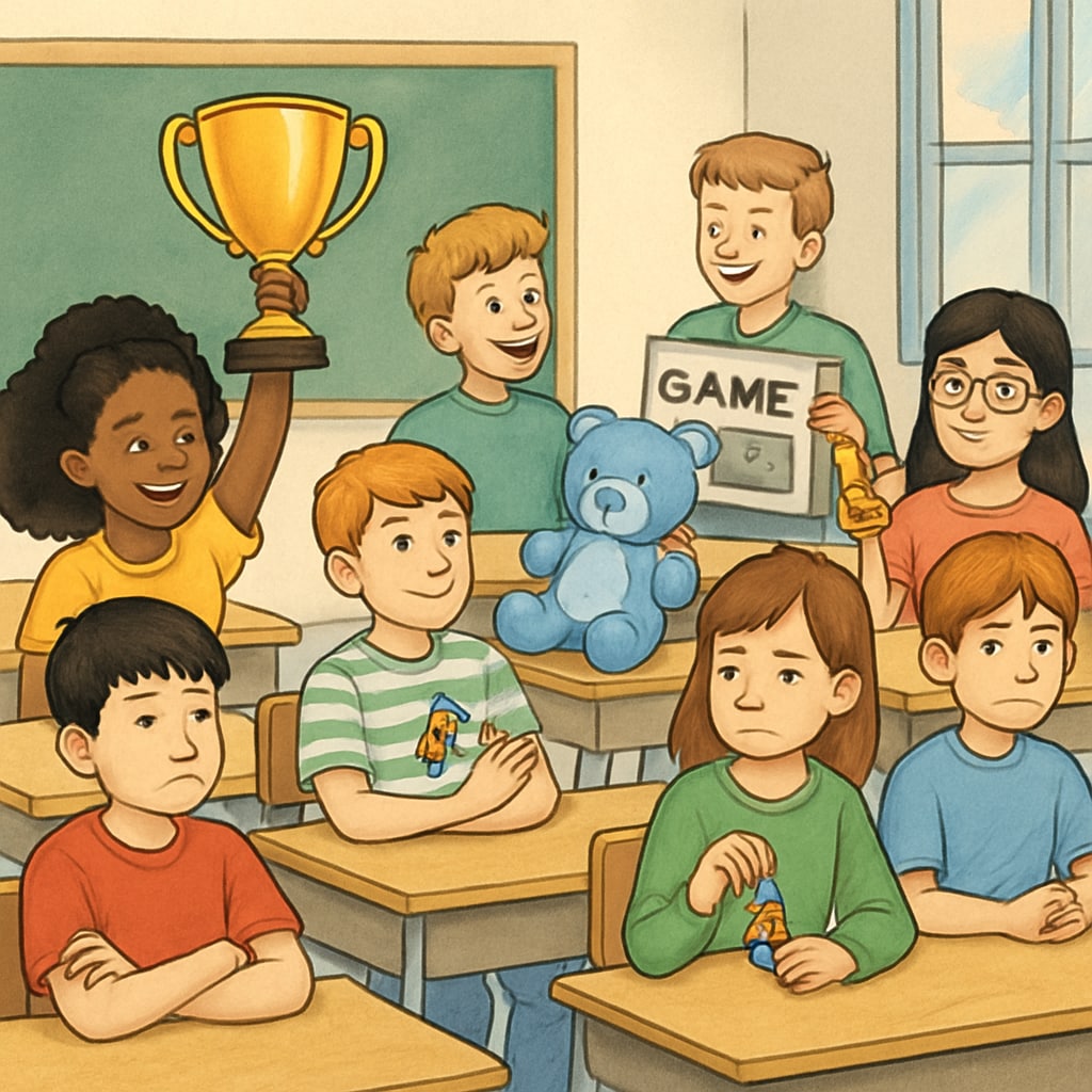 A classroom setting with students displaying both high- and low-tier fundraiser rewards, illustrating inequality in rewards distribution. Classroom scene showing fundraiser rewards that highlight economic disparities.