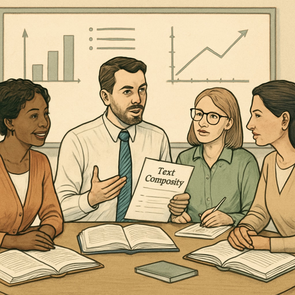 A classroom setting where teachers collaborate to analyze text complexity, with charts and graphs in the background. Teachers collaborating in a classroom to assess text complexity; charts and graphs visible.