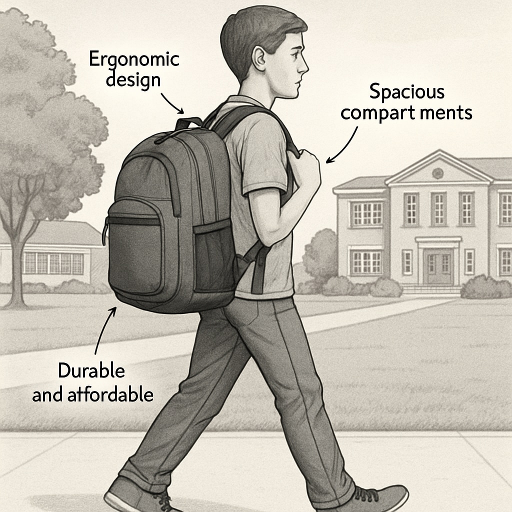 A student walking across campus with a durable and affordable backpack, showcasing its ergonomic design and spacious compartments. College student carrying a budget-friendly, spacious backpack across campus.