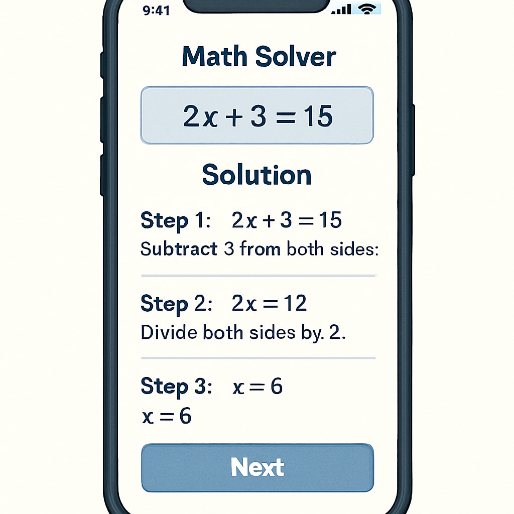 A smartphone displaying a math-solving app with step-by-step explanations. Smartphone showing a math-solving app, ideal for on-the-go learning for adult returnees.