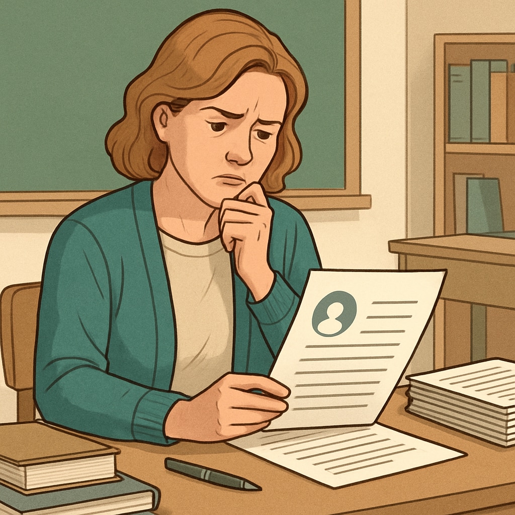 A teacher reviewing application papers under political screening concerns.