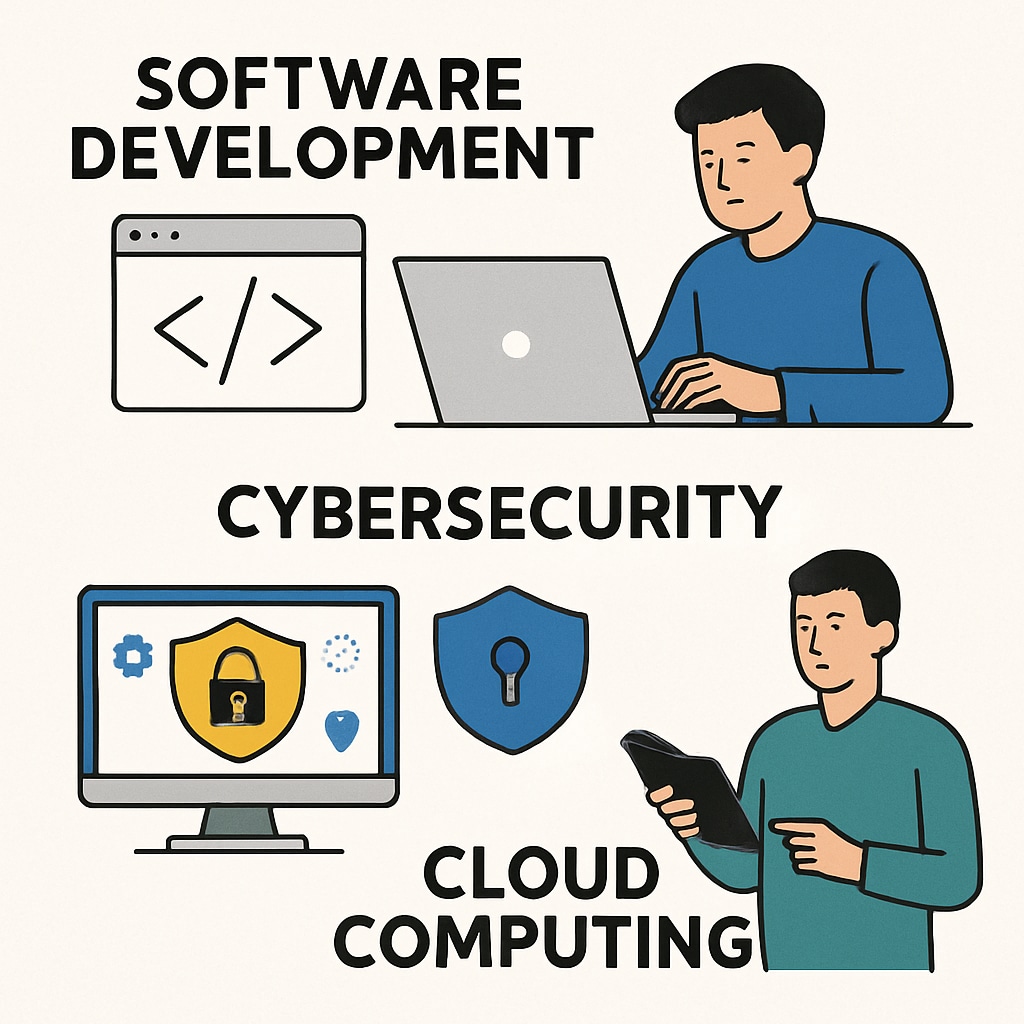 A visual representation of various IT career paths, such as software development, cybersecurity, and cloud computing, with icons or graphics. IT career paths graphic showing software development, cybersecurity, and cloud computing.