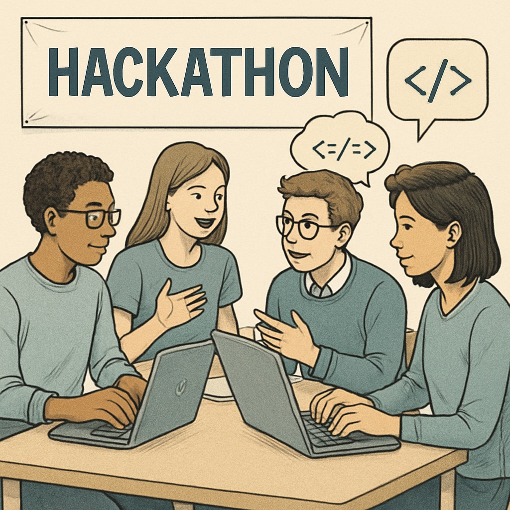 A student participating in a hackathon, working collaboratively with peers on coding challenges. Hackathon event with students coding and collaborating.